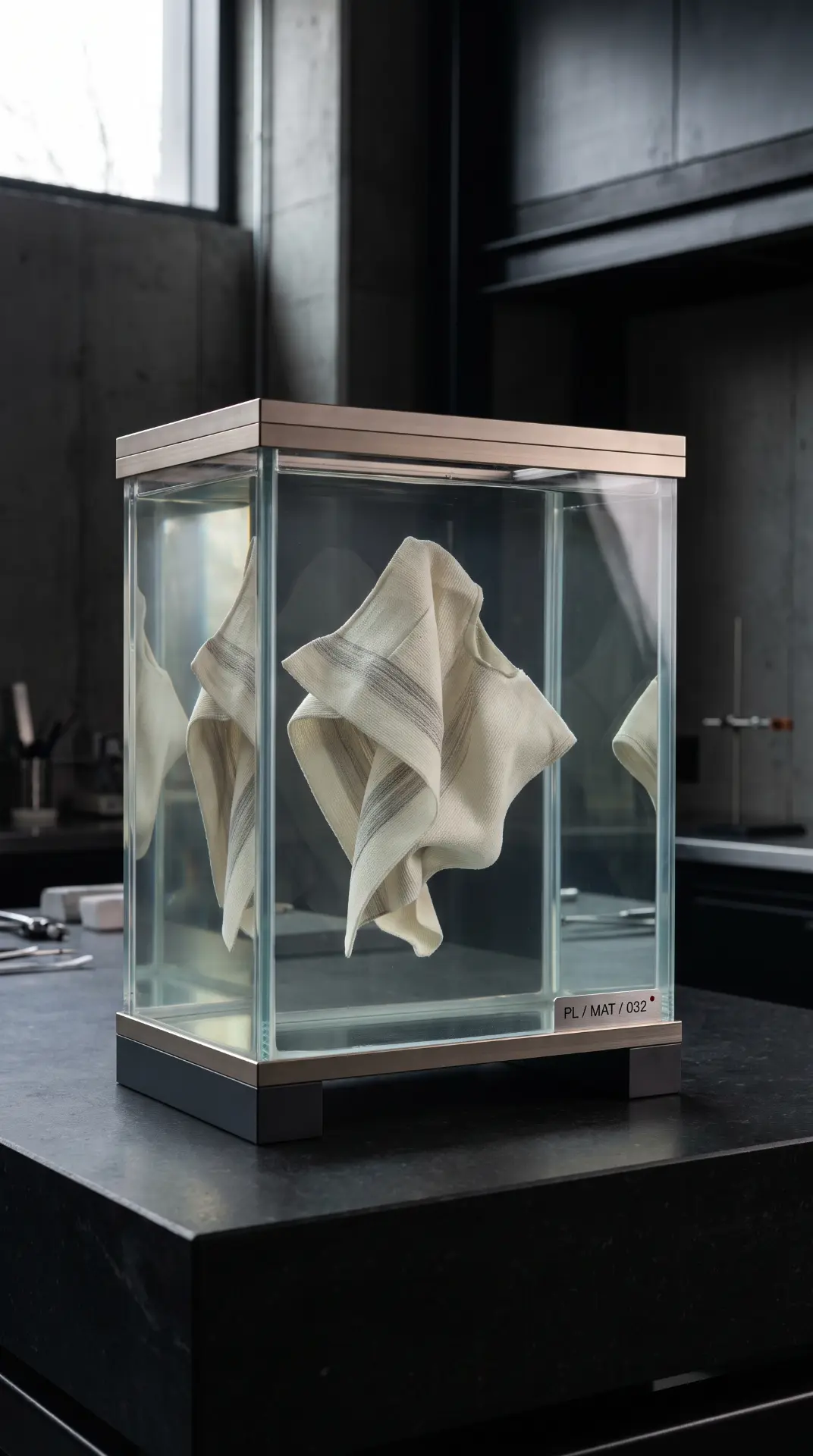 Vertical still of an object suspended with no visible support