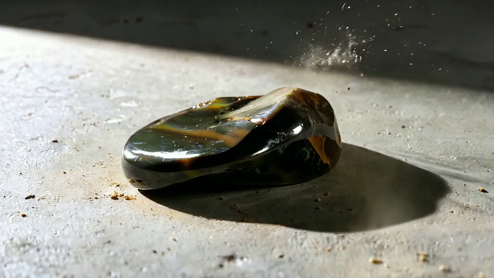 A dark polished stone on concrete with a long deep cast shadow